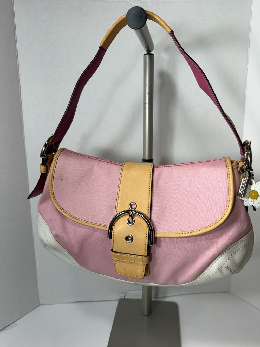 Vintage Coach Womens Leather Canvas Soho Hobo Buckle Flap Bag Pink #1816